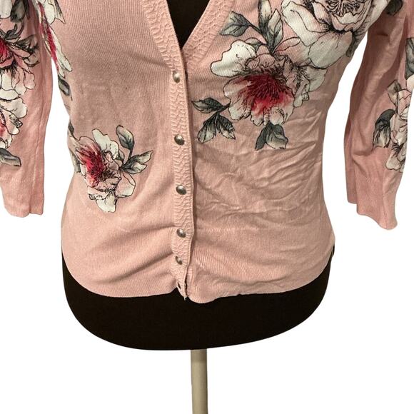 White House Black Market Half Snap Button Floral Pink Women's Cardigan Size S - Picture 2 of 8